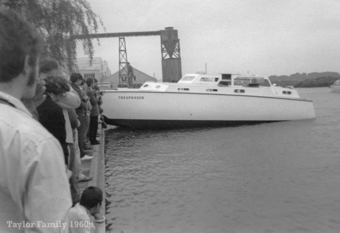 Launching the trimaran Trespasser at Herbert Woods 1960s