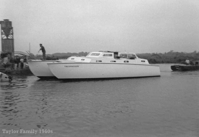 Launching the trimaran Trespasser at Herbert Woods 1960s