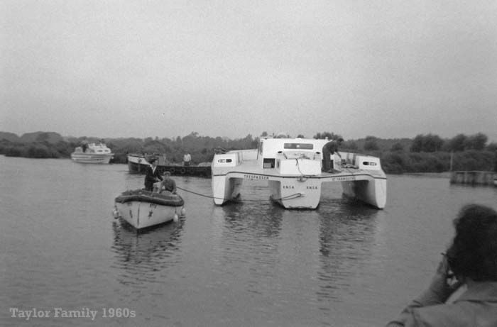 Launching the trimaran Trespasser at Herbert Woods 1960s