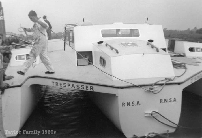 Launching the trimaran Trespasser at Herbert Woods 1960s