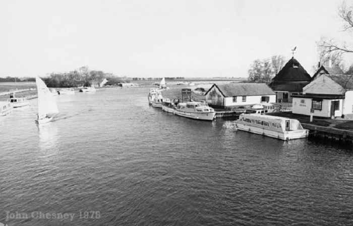 The view looking downstream from Acle Bridge 1978
