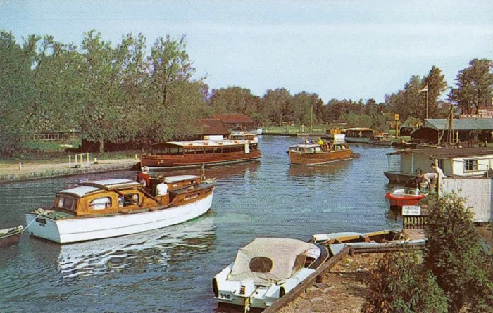 Looking upstream from Wroxham Bridge in the 1960s