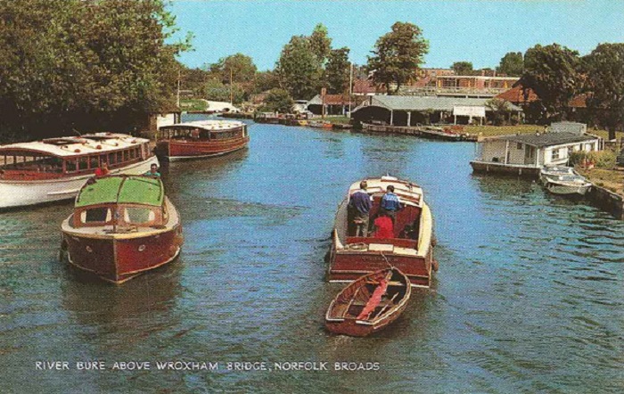 Looking upstream from Wroxham Bridge in the 1960s